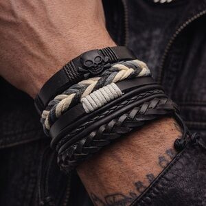 Brand New!! Leather, hemp and metal skull and crossbones bracelet bundle